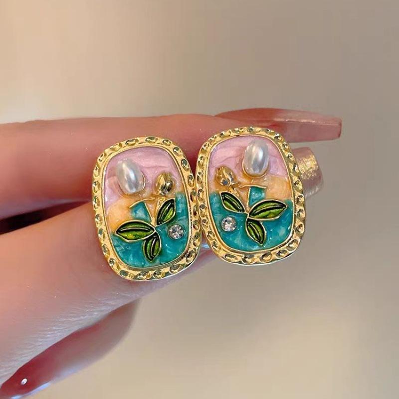 Ins Style High Sense Monet Garden Baroque Pearl Design Stud Earrings Temperament Earrings New Versatile Earrings
