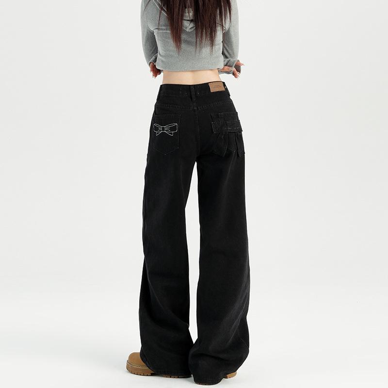 Women s High Waist Wide Leg Embroidered Denim Pants with Bowknot XXS for 65-77 jin