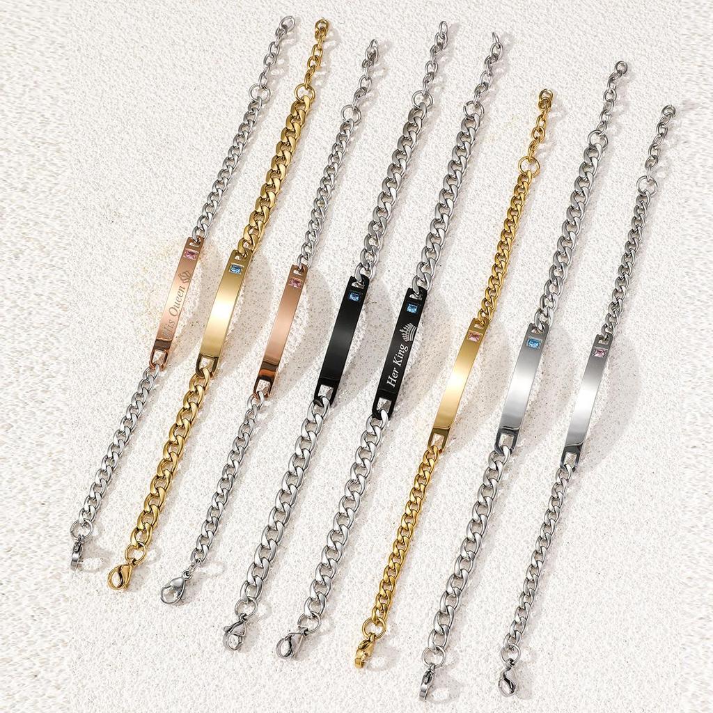 Crown Heart Zirconia Engravable Titanium Steel Couple Bracelet - Valentine's Day Gift