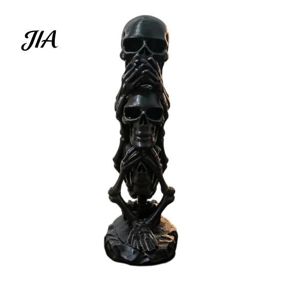 Desktop Decorations 3D Printed Triple Skull Statue, Halloween Horror Hear No Evil See Spooky Table Ornaments Speak Figurine, Creative Desk Decor
