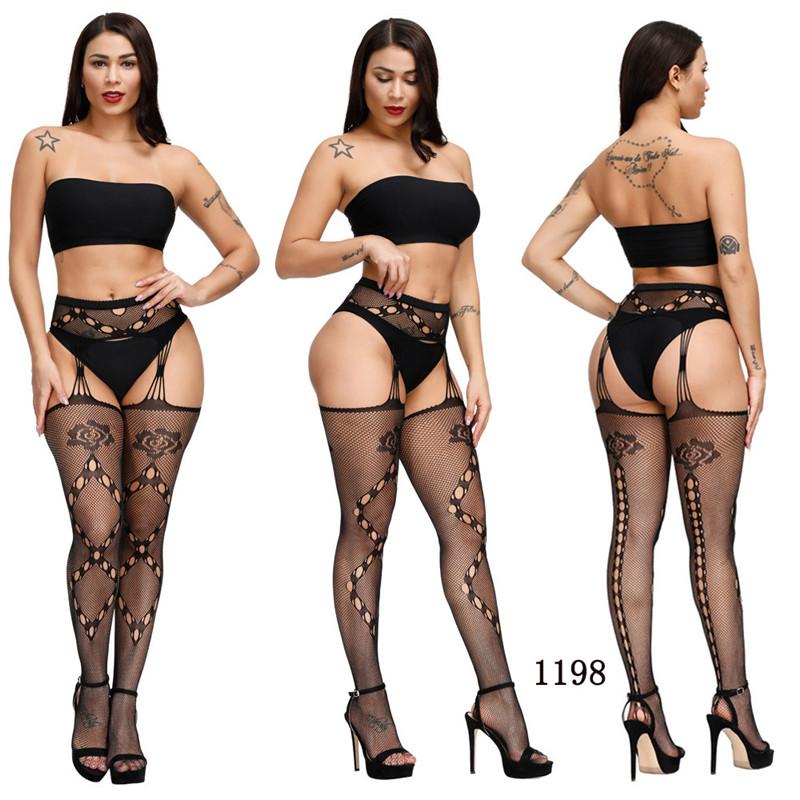Sexy High-Waist Fishnet Stockings with Garter Belt Transparent Crotchless Pantyhose Plus Size Women's Lingerie