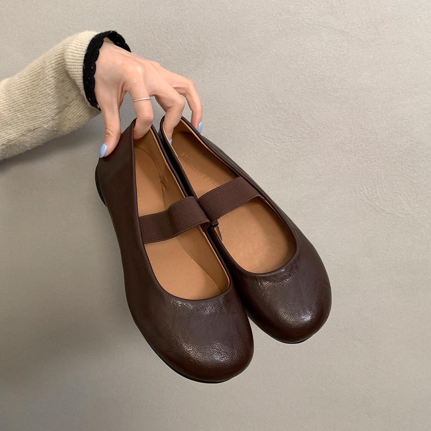 

Fashion Black Single Shoes Retro Soft Bottom Round Toe Slip on Women s Flats Casual Solid Belt Shallow Mouth Ballet Mary Jane Loafers 40 коричневый