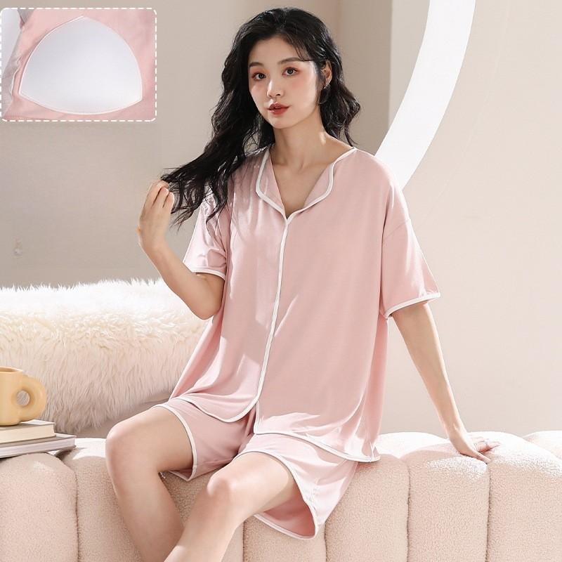 Womens Summer Sleep Suit With Round Neck Short Sleeve Top And Shorts For Relaxed Lounge Wear