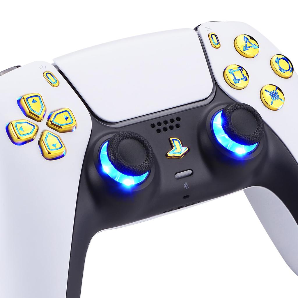 This is not a but an eXtremeRate DTF V3 LED Kit for PS5 controllers and featuring plated multicolor illuminated share and home face controller, (Gold)