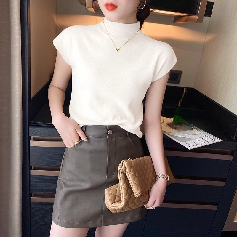 Summer Base Layer, New Short-sleeved T-shirt, Women's Knitted, Elegant, Solid-color, Front-shoulder, Mid-neck Top