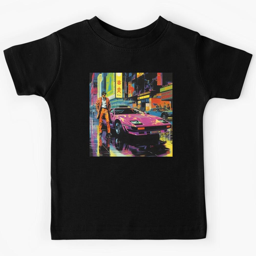 Retro Futuristic Pink Sports Car and Night City of the Future Kids T-Shirt 110