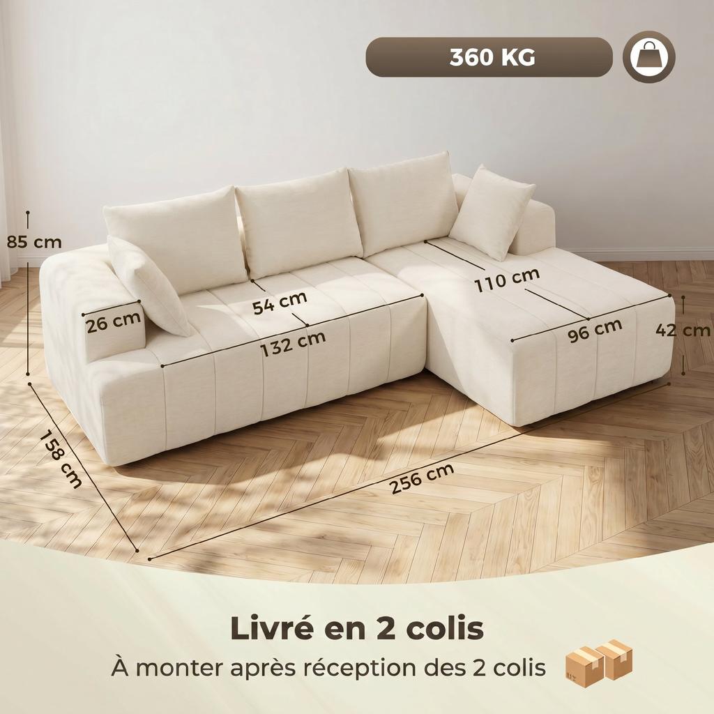 Corner Sofa, 256 cm, Chaise Longue, 3-Seater Sofa Bed, Chenille L-Shaped, Wide Seat, Beige