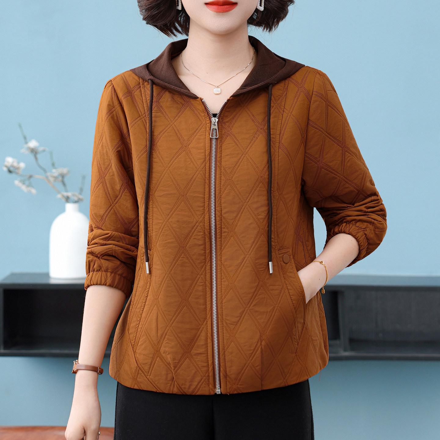 Mom s Spring Plaid Hooded Jacket - Stylish Short Cardigan for Middle-Aged & Elderly Women 3XL (120-135 jin)