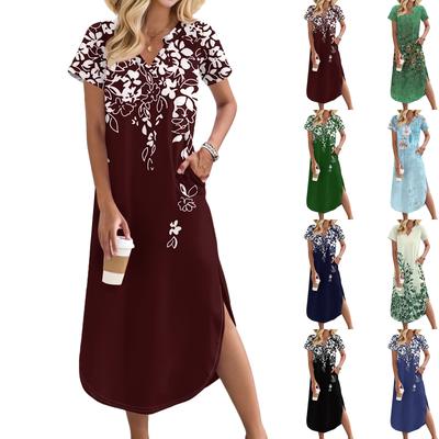 Women's Long Skirt Casual V-neck Long Shirt Dress Loose Slit Holiday Short Sleeve Dress