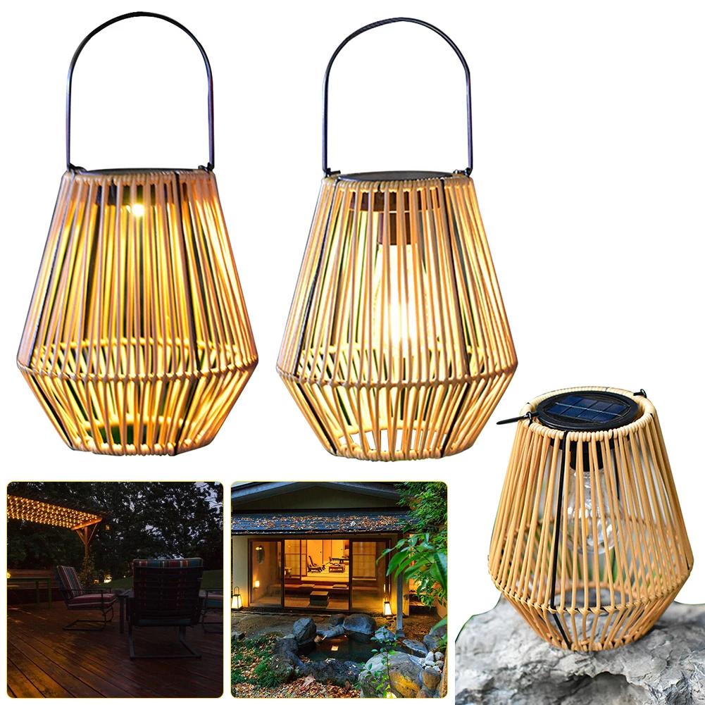 Rattan Solar Lantern IP6 Waterproof Hanging Bamboo Chandelier Lamp Solar Powered Rattan Weaving Light for Garden Patio Courtyard