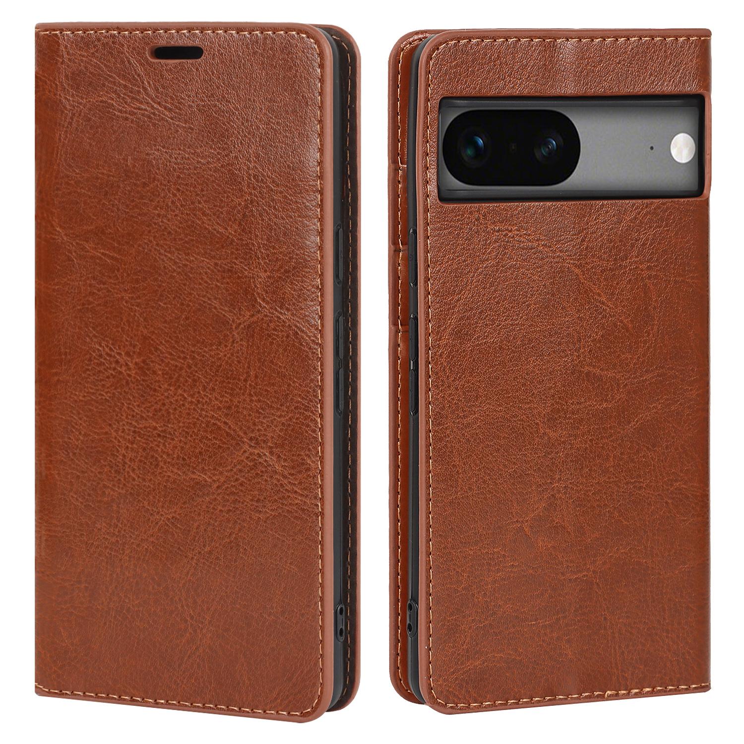 

Genuine Leather Phone Cover For Google Pixel 7a,Crazy Horse Texture Magnetic Anti-drop Phone Case with Stand Wallet Light Brown