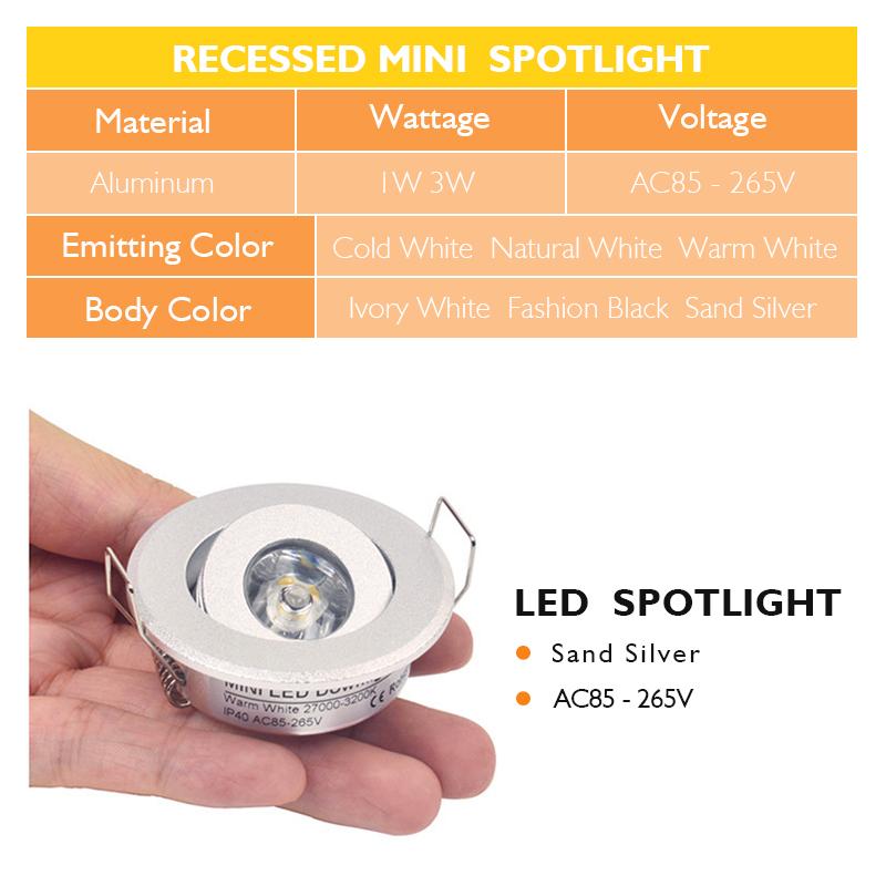 10ks LED Mini Downlight 3W 1W 85-265V Bodové světlo Stropní svítidlo Stmívatelné 110V 220V Embed Bílá Černá Stříbrná Včetně pohonu