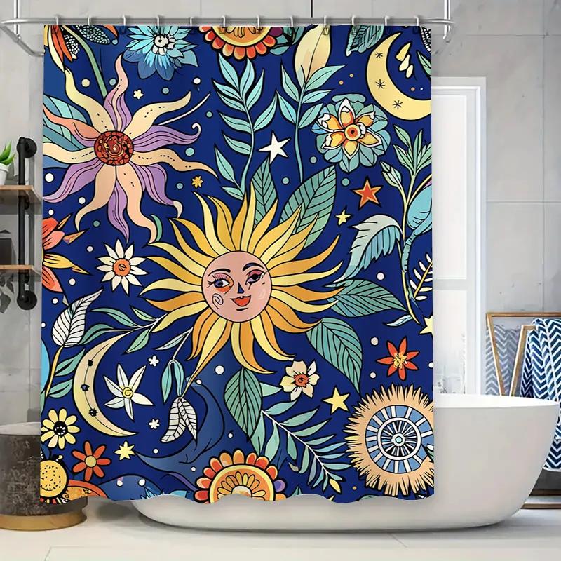 

Colorful Sunflower Blue Shower Curtain for Bathroom Decor Floral Print Fabric Waterproof Bath Mat Cover W90xH180cm