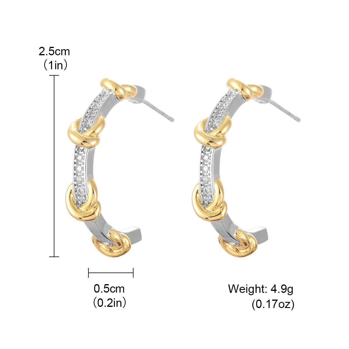 

Love knot C-type earrings, gold and silver contrasting color winding temperament simple ins zirconium-inlaid earrings, high-end niche women s earrings