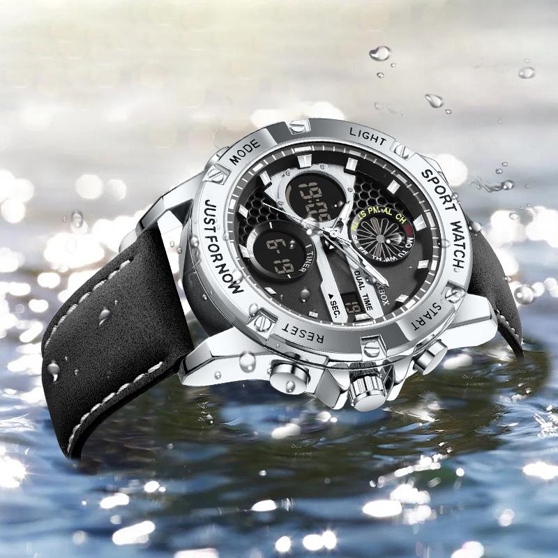 Outdoor Sport Electronics Watch for Men Leather Strap Auto Date Casual Waterproof Luminous Dual Digital Watches