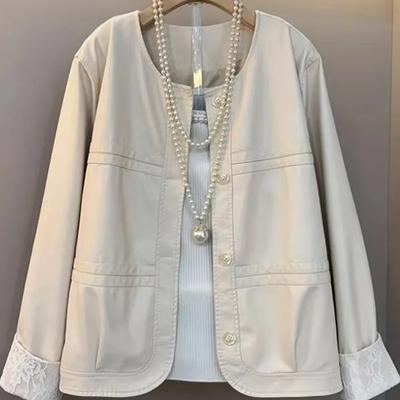 Solid Color Round Neck Button Cardigan Lace Spliced Loose Long Sleeve Jacket Women's Clothing Jackets Top