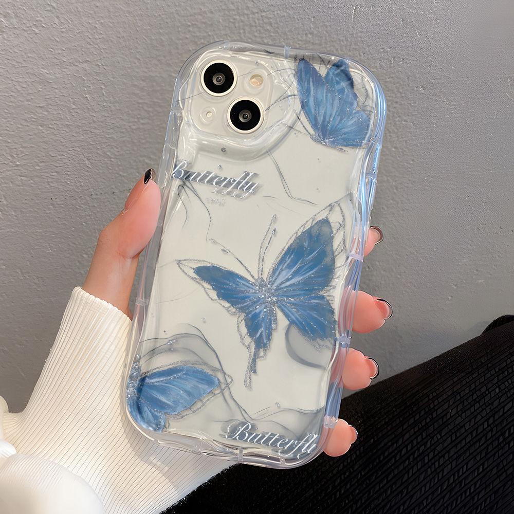 Blue butterfly for iPhone17promax mobile phone case Apple 16 cream wave 14/13 soft case 15