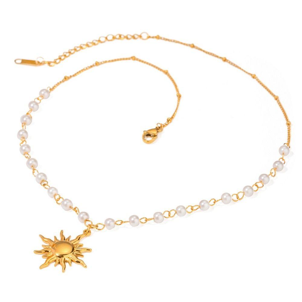 Gold Sun Pendant Necklace Waterproof Fashion Neck Chain New Pearl Beads Necklace For Women