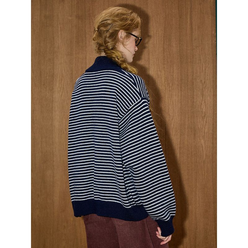 Coolhut Navy Blue Old Money Style Striped Hooded Zip-Up Cardigan for Women, Lazy Style Loose Knit Jacket Sweater