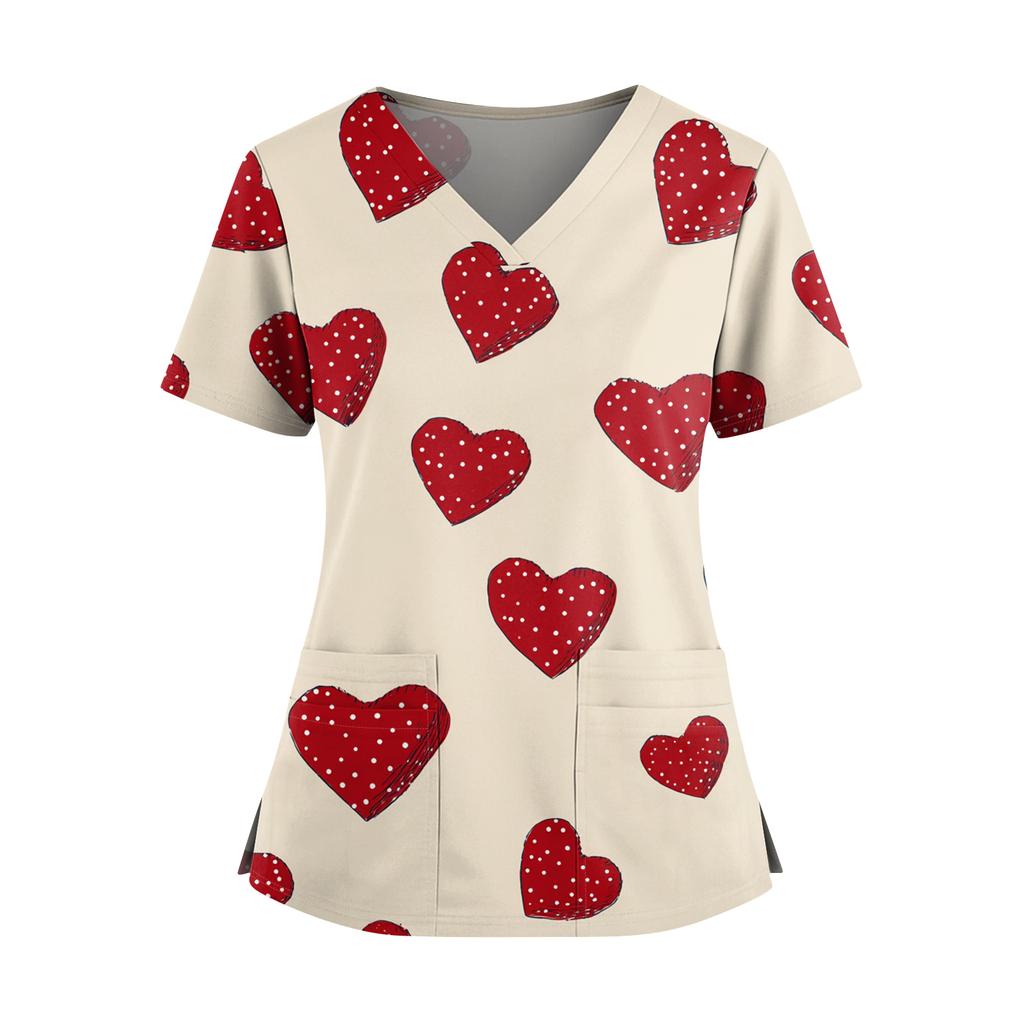 Damen Valentinstag Bedrucktes V-Ausschnitt Doppel-Taschen Kurzarm Saumschlitz Uniform Pflegekraft Oberteil