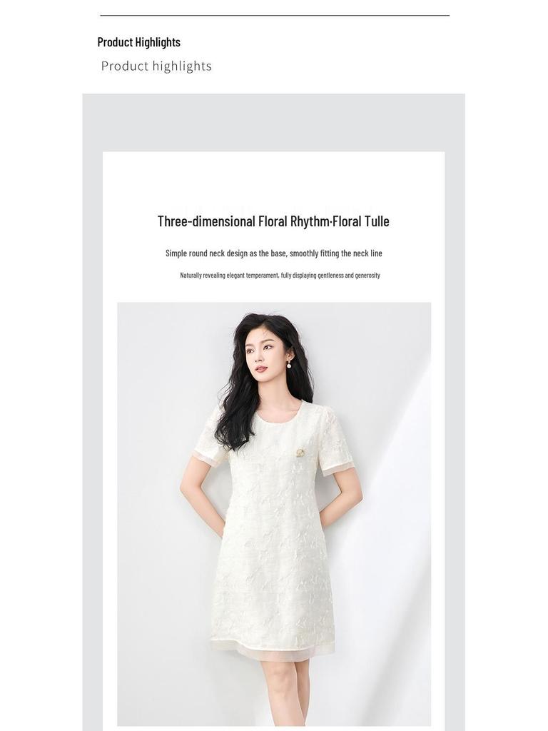 Women's Summer Mesh Jacquard Cut-Out Dress with Round Neck