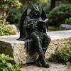 Yousheng Gothic Dark Fantasy Figure, Reading Hooded Grim Reaper Statue, Halloween Resin Sitting Skeleton Figurine for Bookshelf Home