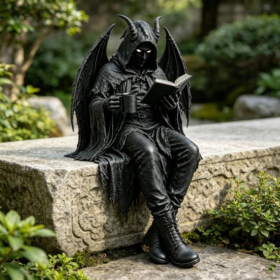 Yousheng Gothic Dark Fantasy Figure, Reading Hooded Grim Reaper Statue, Halloween Resin Sitting Skeleton Figurine for Bookshelf Home
