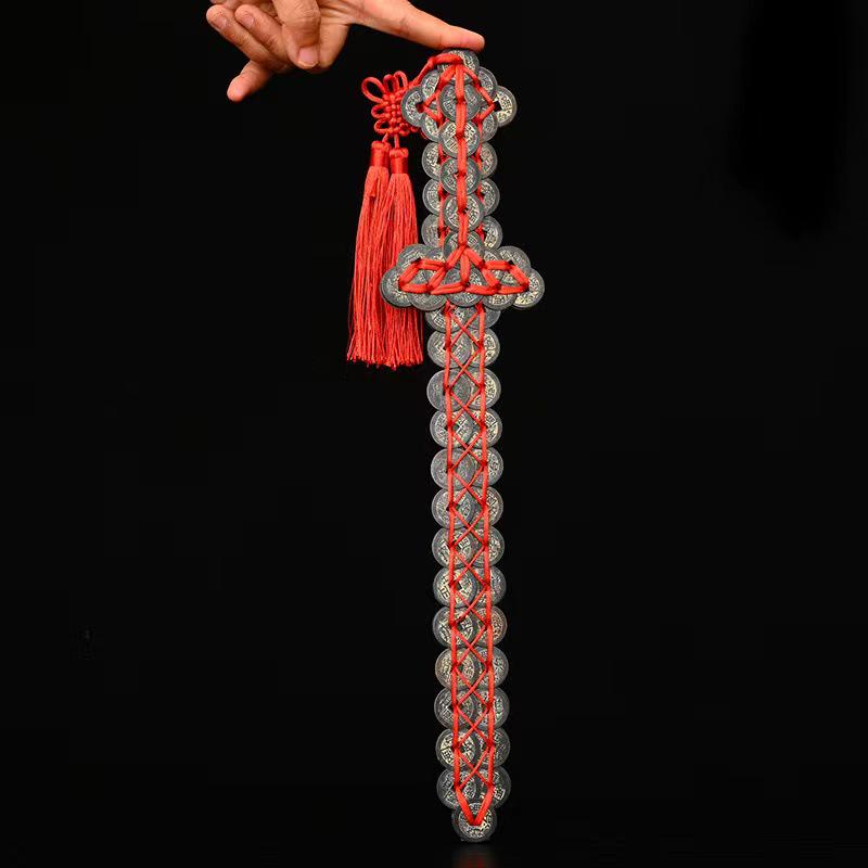 

Five Emperors Copper Coin Sword: Handmade Red Rope Wall Hanging Ornament for Living Room or Office