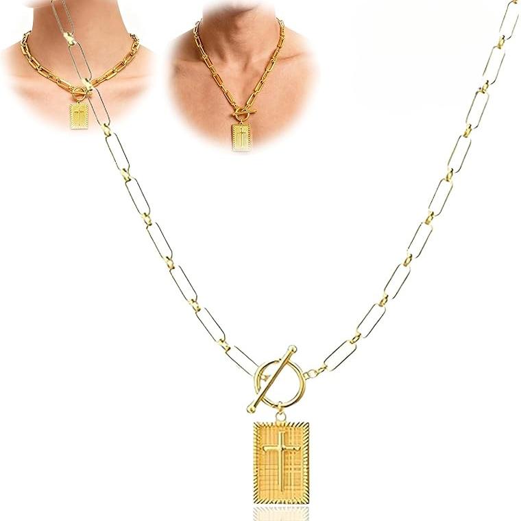 

Women Cross Pendant Necklace Toggle Clasp Rectangle Necklace Paperclip Chain Religious Jewelry Gift for Christian Faith золотой