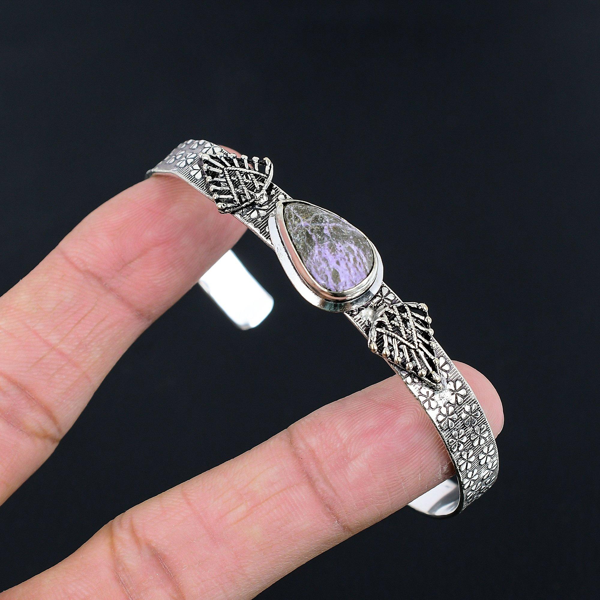 

925 Silver Pear Purpurite Gemstone Wife Handmade Engagement Handcrafted Bangle Adjustable