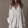 Women's Lace Embroidered Shirt Dress Long Sleeve Button Down Loose Fit Boho Mini Dress