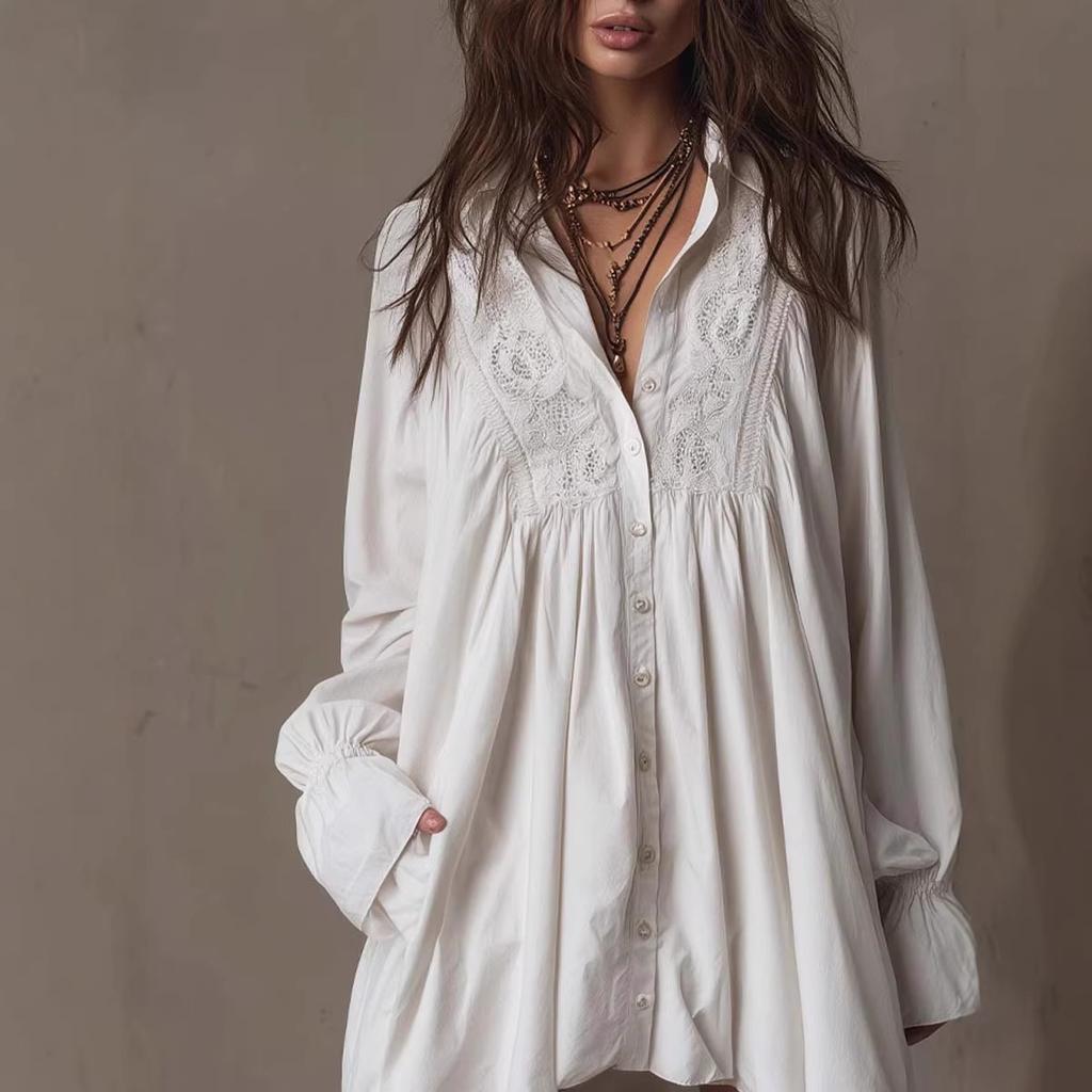 Women's Lace Embroidered Shirt Dress Long Sleeve Button Down Loose Fit Boho Mini Dress