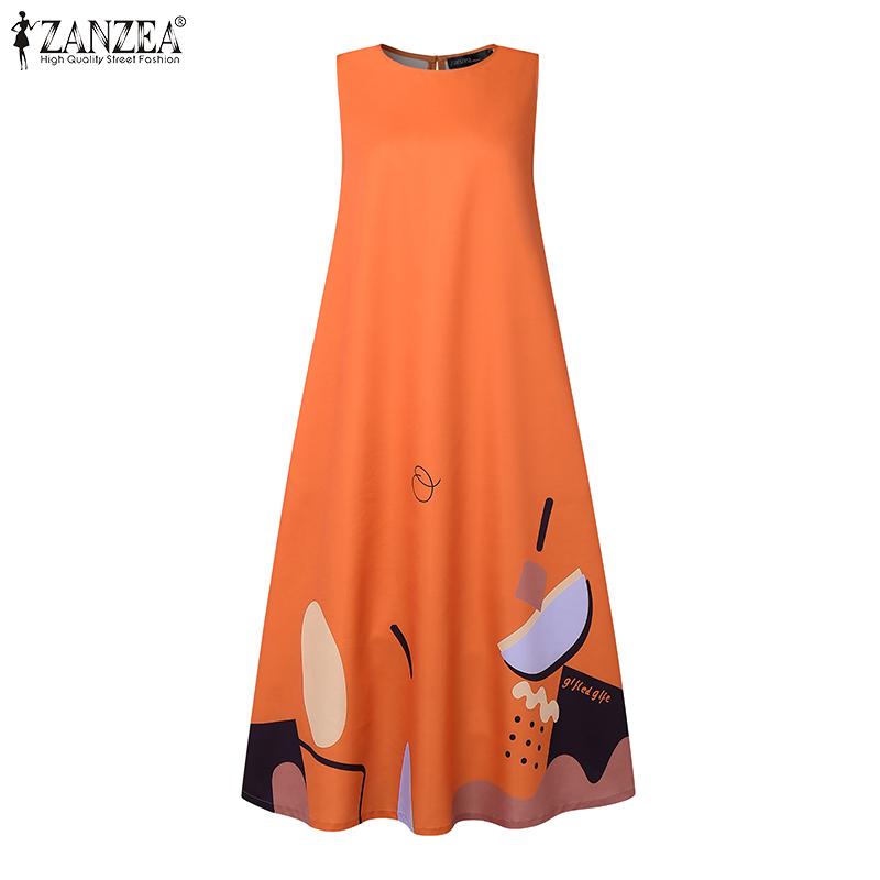 ZANZEA Womens Casual Round Neck Loose Summer Sleeveless Print Dress