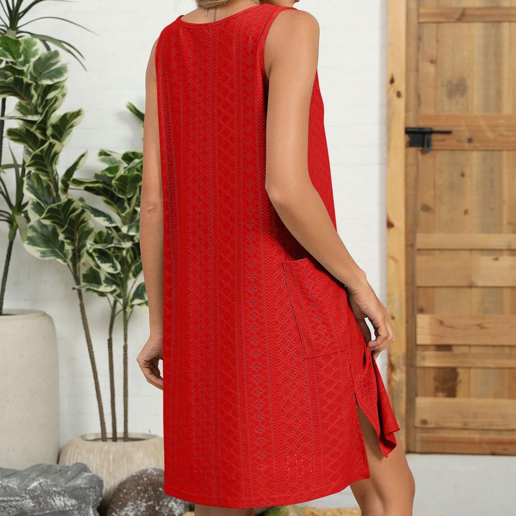 Frühling und Sommer Neues einfarbiges Rundhals-Lockeres Kleid Ärmellos mit Tasche Damenkleid