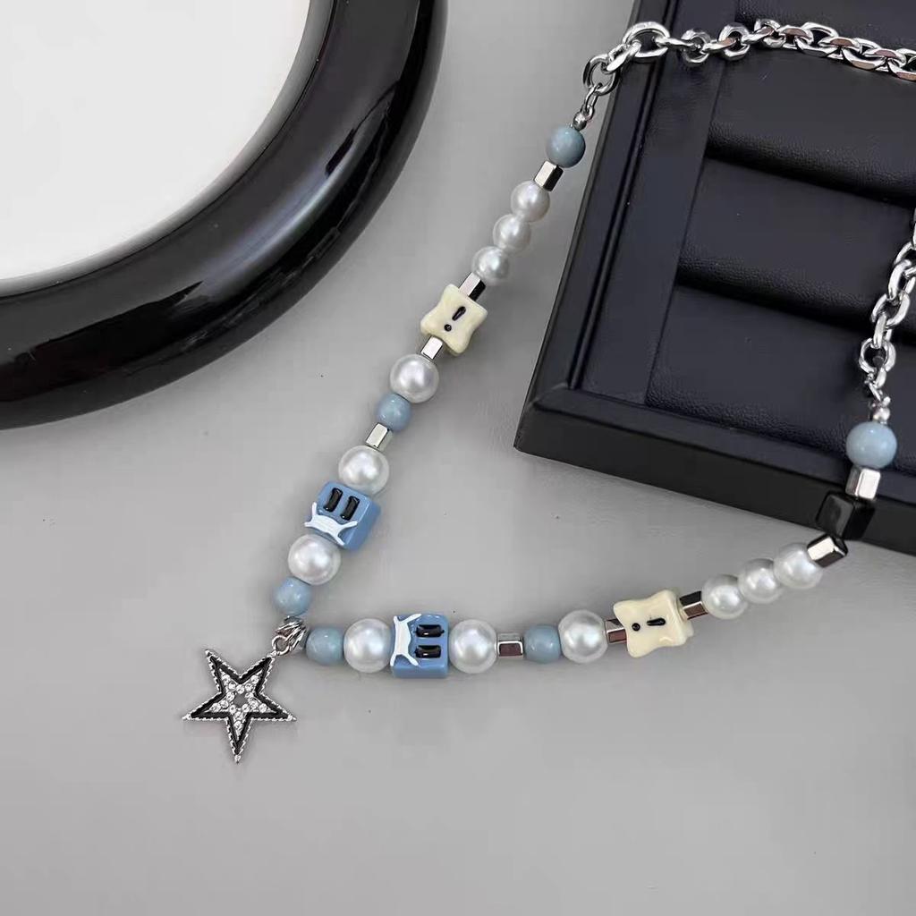 Star beaded splicing hip hop trendy brand boys necklace niche design letter collarbone chain girls jewelry