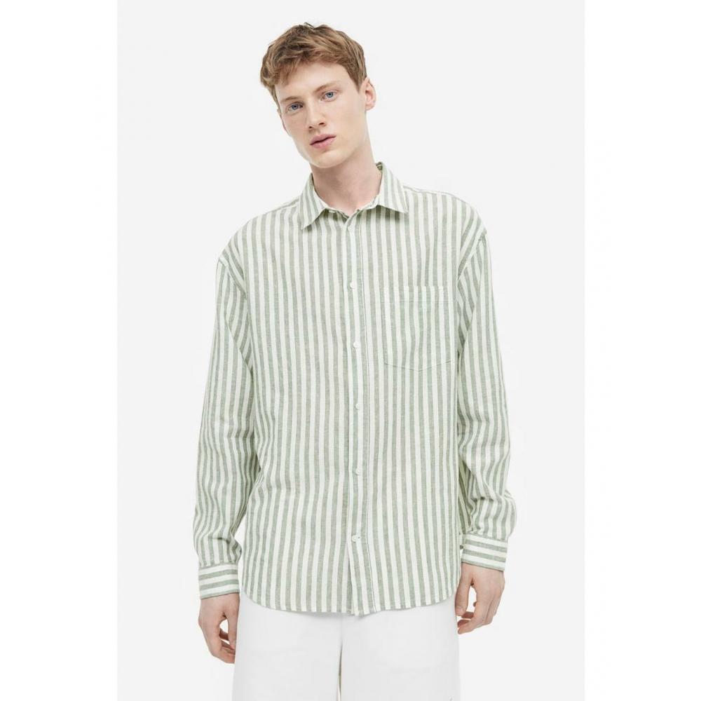 

H&M relaxed fit linen blend shirt green white stripe 1160688006