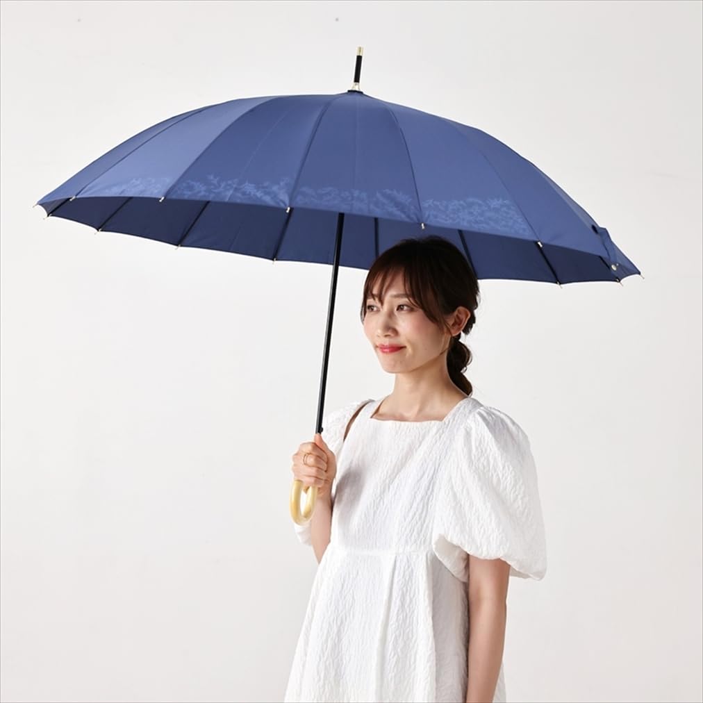 Ogawa 16 Navy Gift for or Special 53379 Women's Umbrella, Ribs, Large, Durable, Windproof, Water-Repellent, Jump-Style, Simple, Two-Tone Design, Blue,