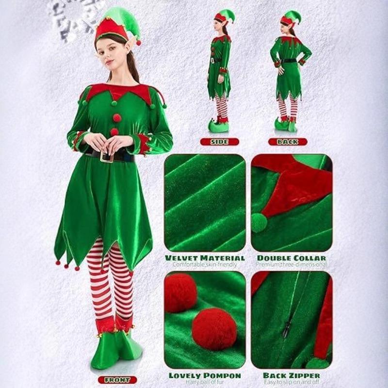 New Ladies Christmas Elf Costume Solid Color Velvet Dress Set Santa Helper Costume Cosplay