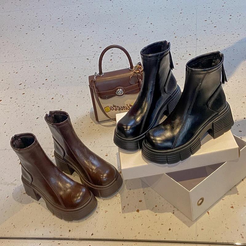 Botine cu toc înalt pentru gleznă Femei Pantofi cu platformă de designer Noi Cizme Chelsea de iarnă Mers Retro Tendință Modă Mujer Cizme de zăpadă