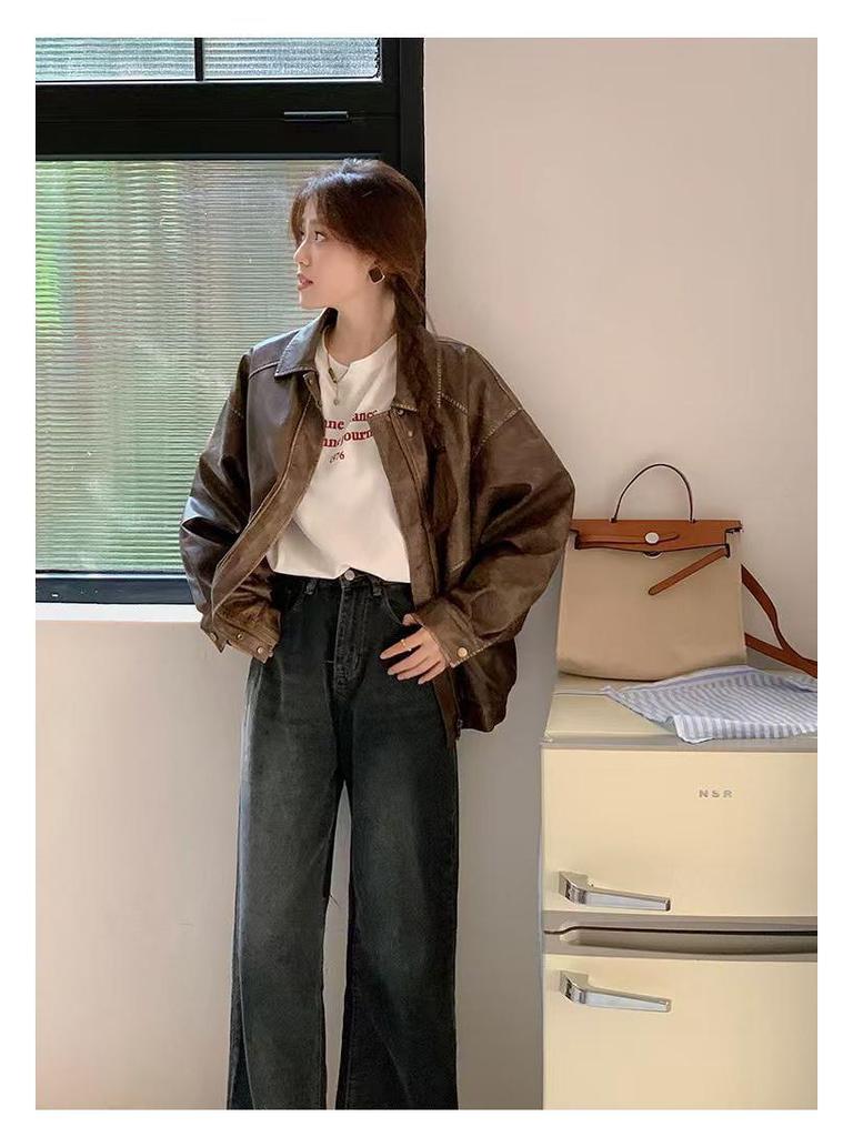 Damen Kleine Braune Lederjacke - 2025 Amerikanischer Retro-Stil mit Gewischtem Farbdesign, Baumwollgefüttert.