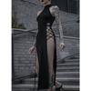 Goth Gothic Dress Cosplay High Split Sexy Bandage Women Dress Halter Slim Midi Dark Black Grunge Partywear