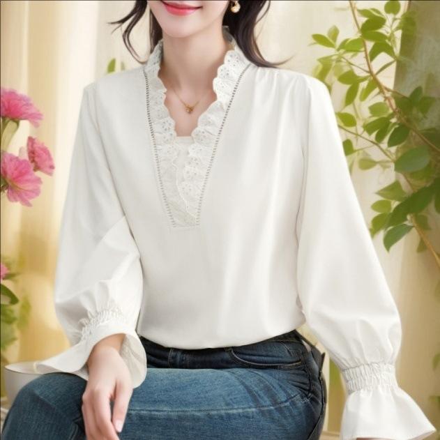 French Lace V-neck Chiffon Shirt for Women New Loose Flared Sleeves Thin Temperament Pullover Solid Color Top