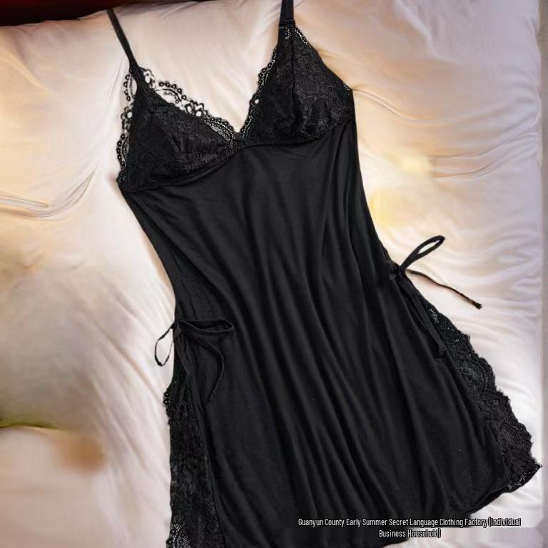 2025 New European & American Lingerie: Sexy Deep V Nightdress with Lace Slit and Straps