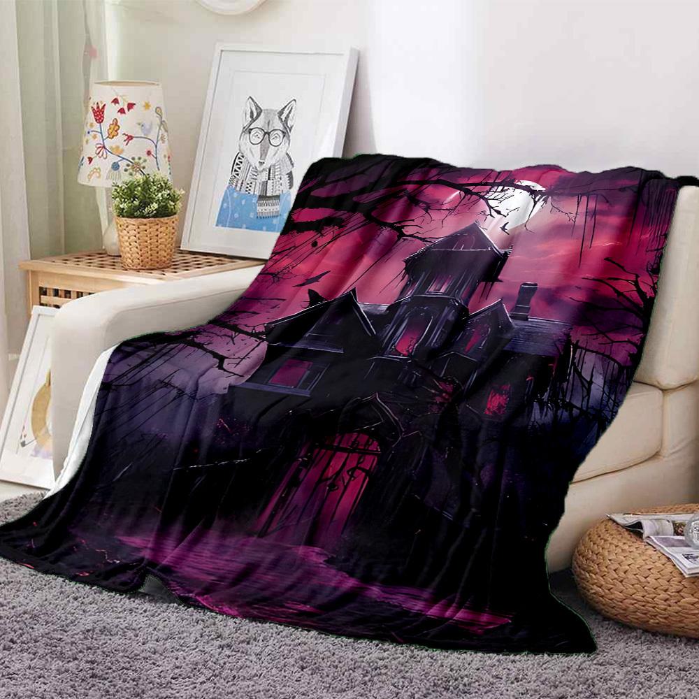 1pc Haunted House Moonlit Blanket, Lightweight Flannel Throw Blanket for Sofa, Bed, Travel, Camping, Living Room, Office, Couch052