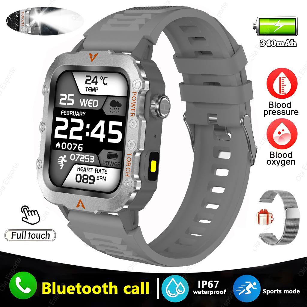 Outdoors Durable Men Sports Smart Watch Big Battery LED Flashlight IP69K Waterproof Bluetooth Call Military Smartwatch Hw12