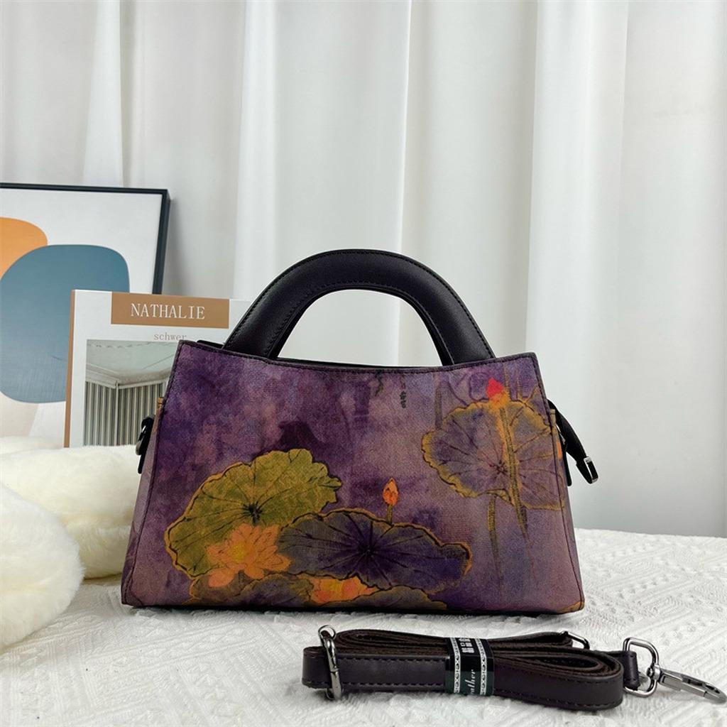 Chinese Style Ink Painting Handbag Women Vintage Crossbody Bag Oriental Aesthetic Tote Shoulder Bag With Detachable Strap