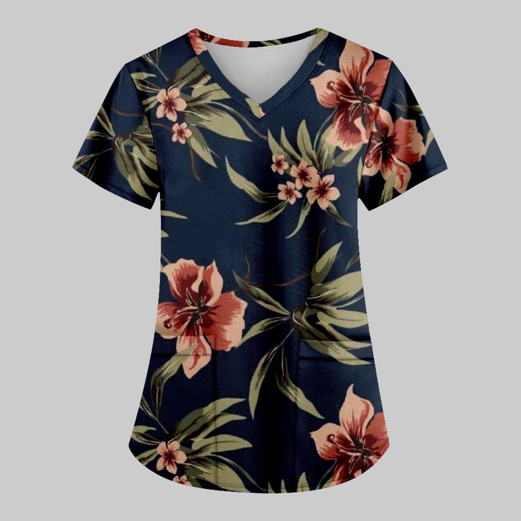 Modische bedruckte Damen-Arbeitsuniform mit Taschen-T-Shirt, kurzärmeliges Oberteil
