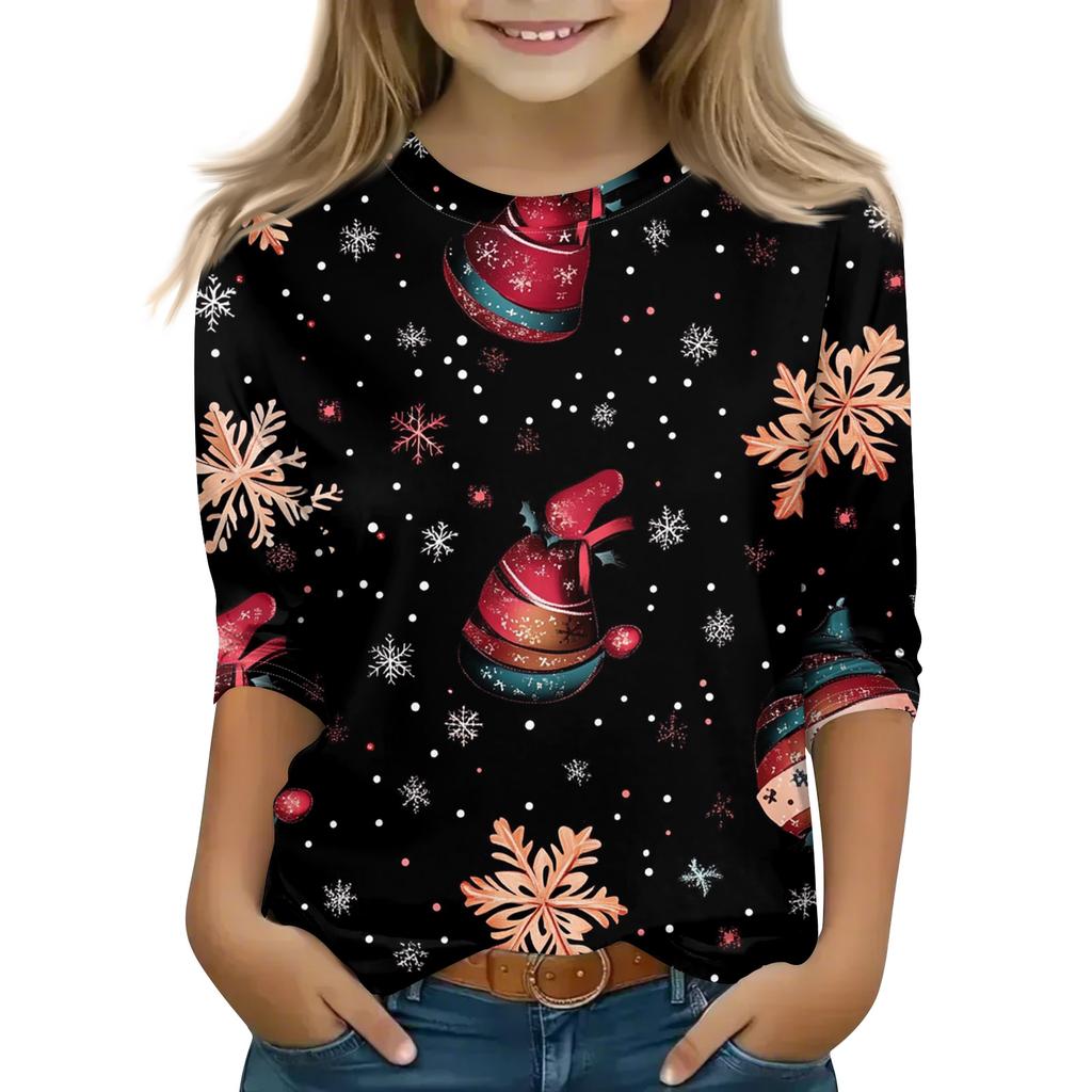 Christmas Day Print Tops For Youth Girls 5-16 Years Round Neck 3/4 Sleeves T-Shirts Trendy Tops Outfit Tees