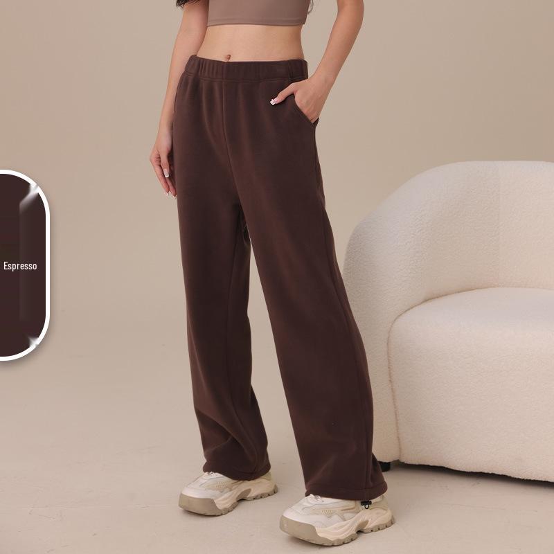 Women s Fleece-Lined Wide-Leg Coral Fleece Pants - Warm, Casual, Pocketed, Autumn/Winter Straight-Leg Style Medium