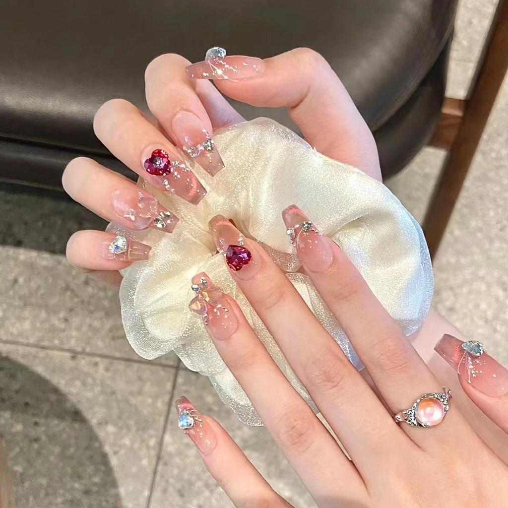 Rose's Story Manicure Wearing Armor Handmade Fake Nail Patch Ice-Transparent Cat Eye French Love Diamond
